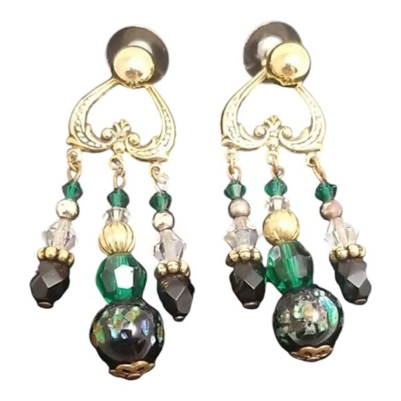 Chandelier Earrings Green 3 Rows Gold Post - Picture 1 of 11